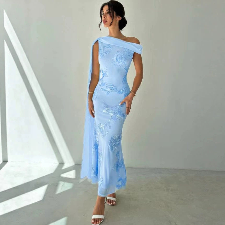 Sancia 3D Floral One-Shoulder Streamer Maxi Dress - back view