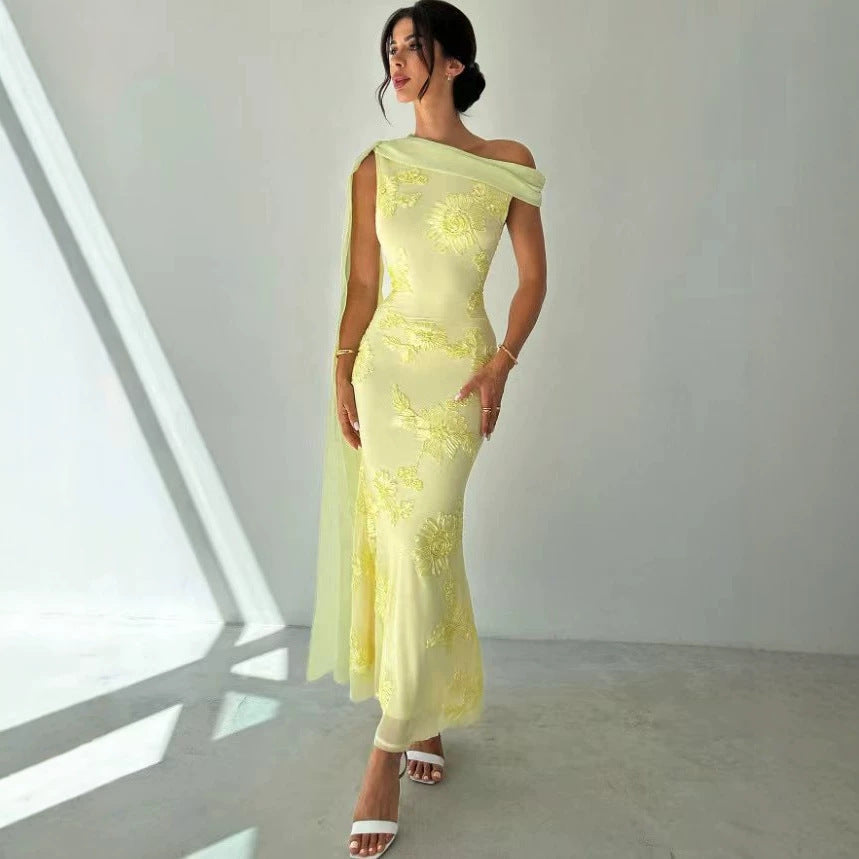 Sancia 3D Floral One-Shoulder Streamer Maxi Dress - detail view