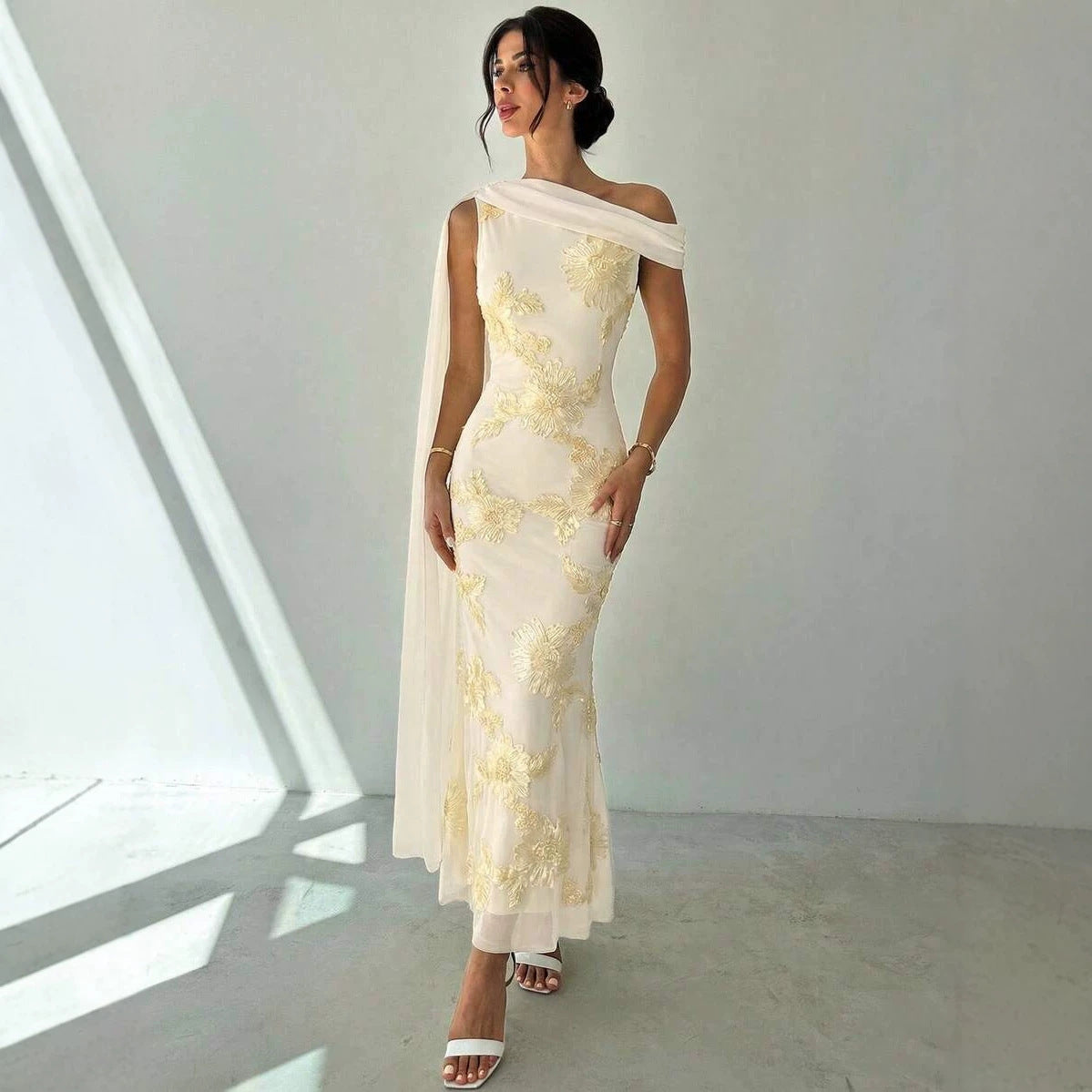 Sancia 3D Floral One-Shoulder Streamer Maxi Dress - front view