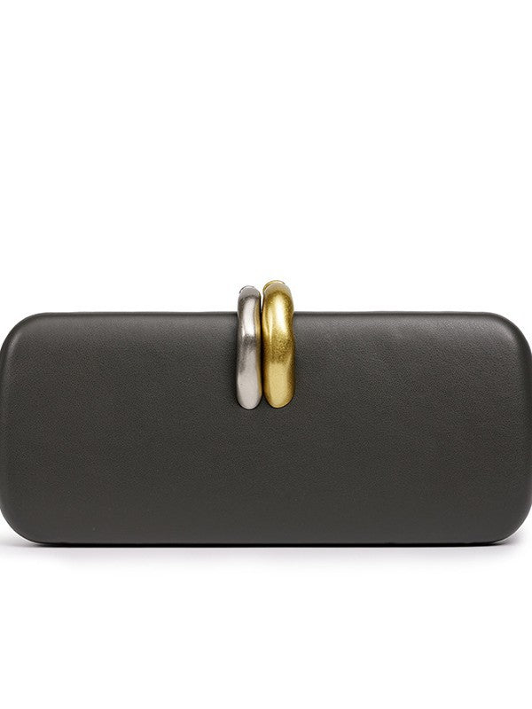 Sculptural Two-Tone Clasp Evening Clutch — fabric and detail