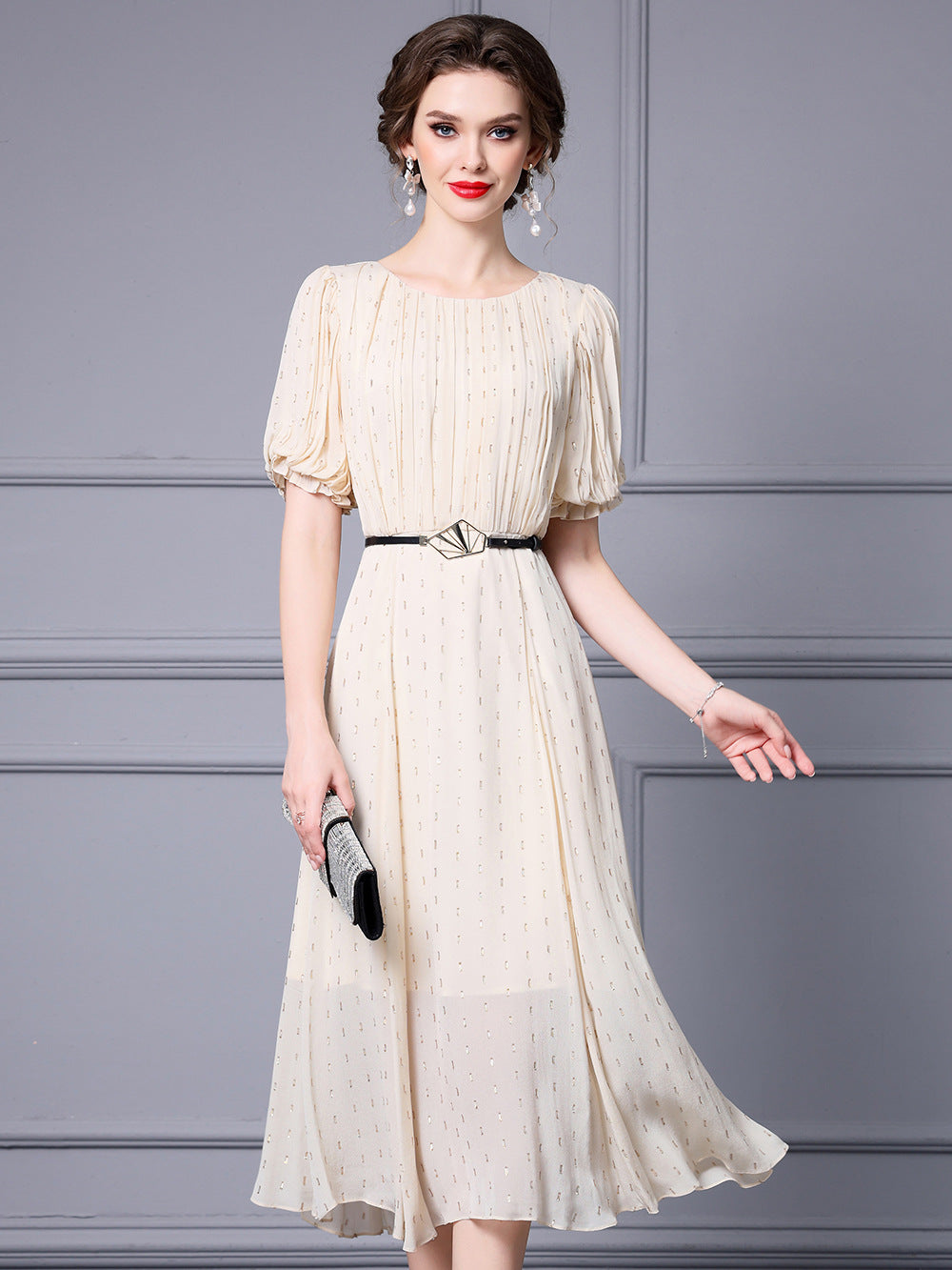 Seraphina Beige Silk Bodycon Dress — front view