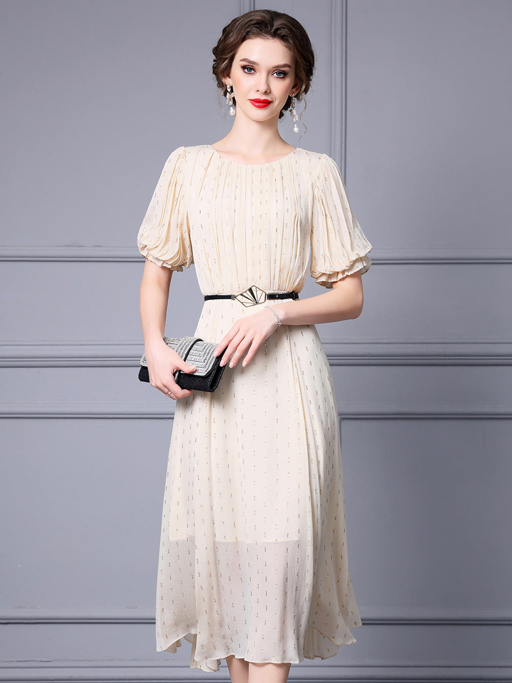 Seraphina Beige Silk Bodycon Dress — full length