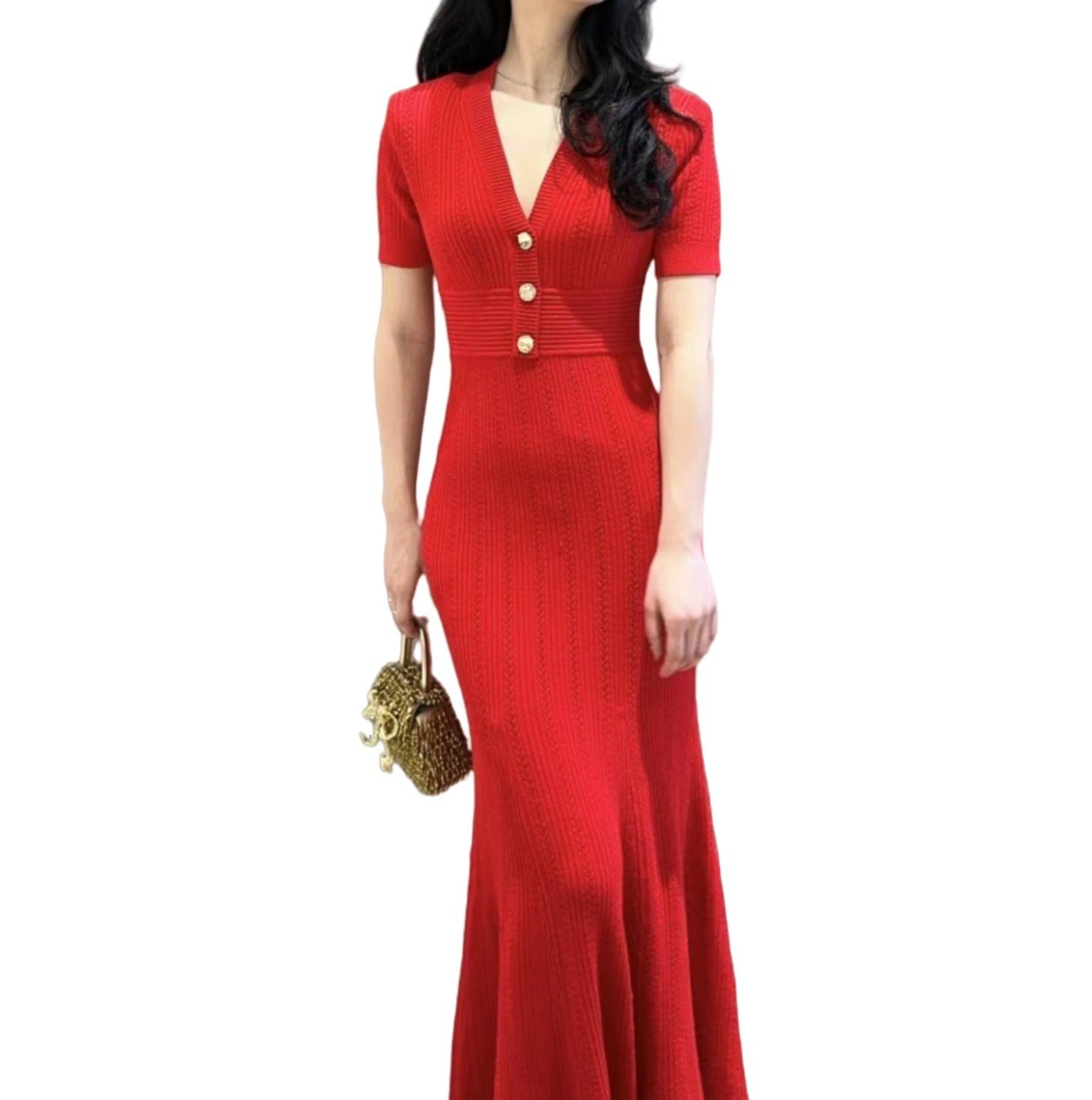 Severine Pointelle Knit Fishtail Midi Dress - front view