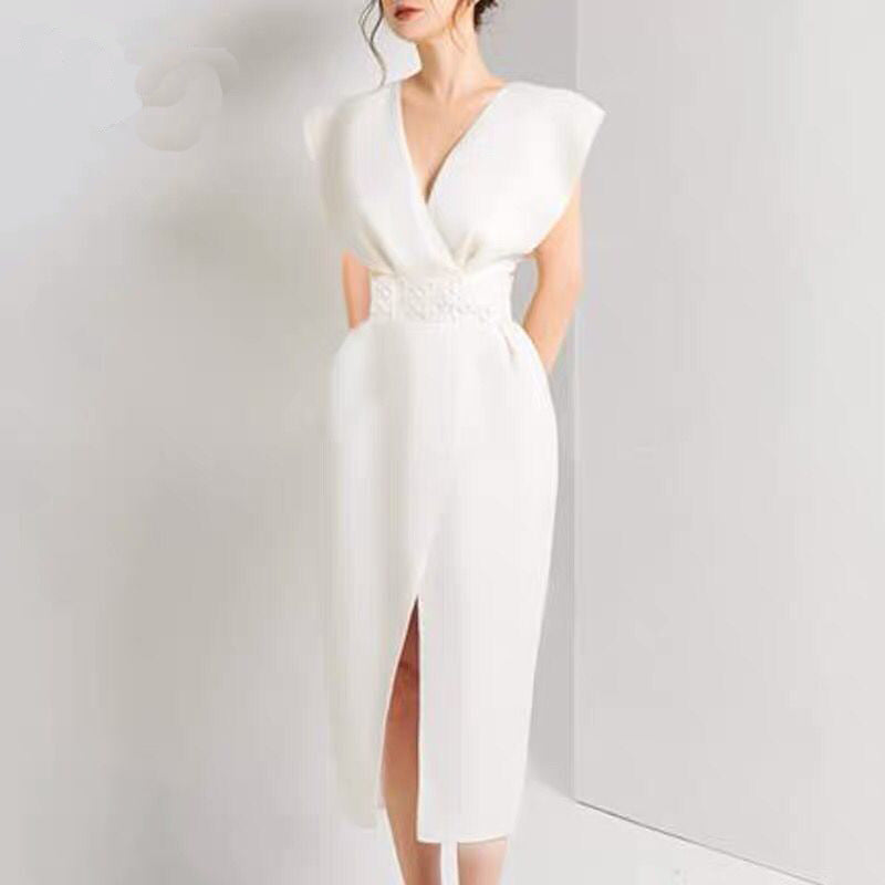 sexy dress for dinner Sexy White V-Neck Dinner Dress – Orabella Store