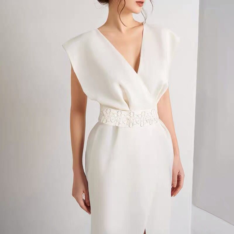 Sexy White V-Neck Dinner Dress — full length