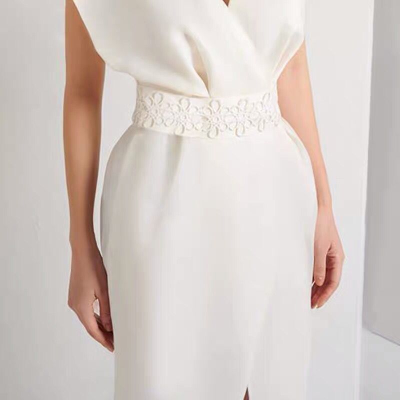 Sexy White V-Neck Dinner Dress — fabric and detail
