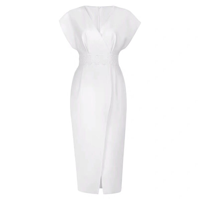 Sexy White V-Neck Dinner Dress — back view