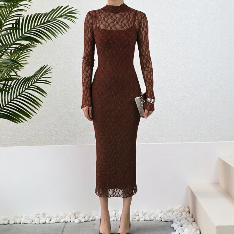 Sheer Mesh Overlay Long-Sleeve Maxi Dress — front view