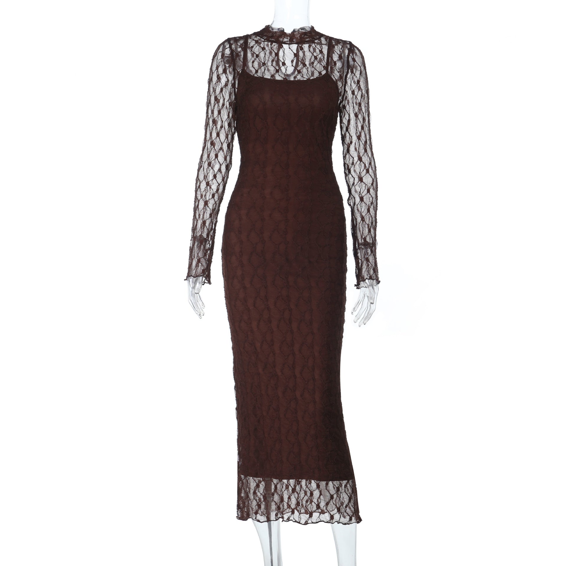 Sheer Mesh Overlay Long-Sleeve Maxi Dress — styled look