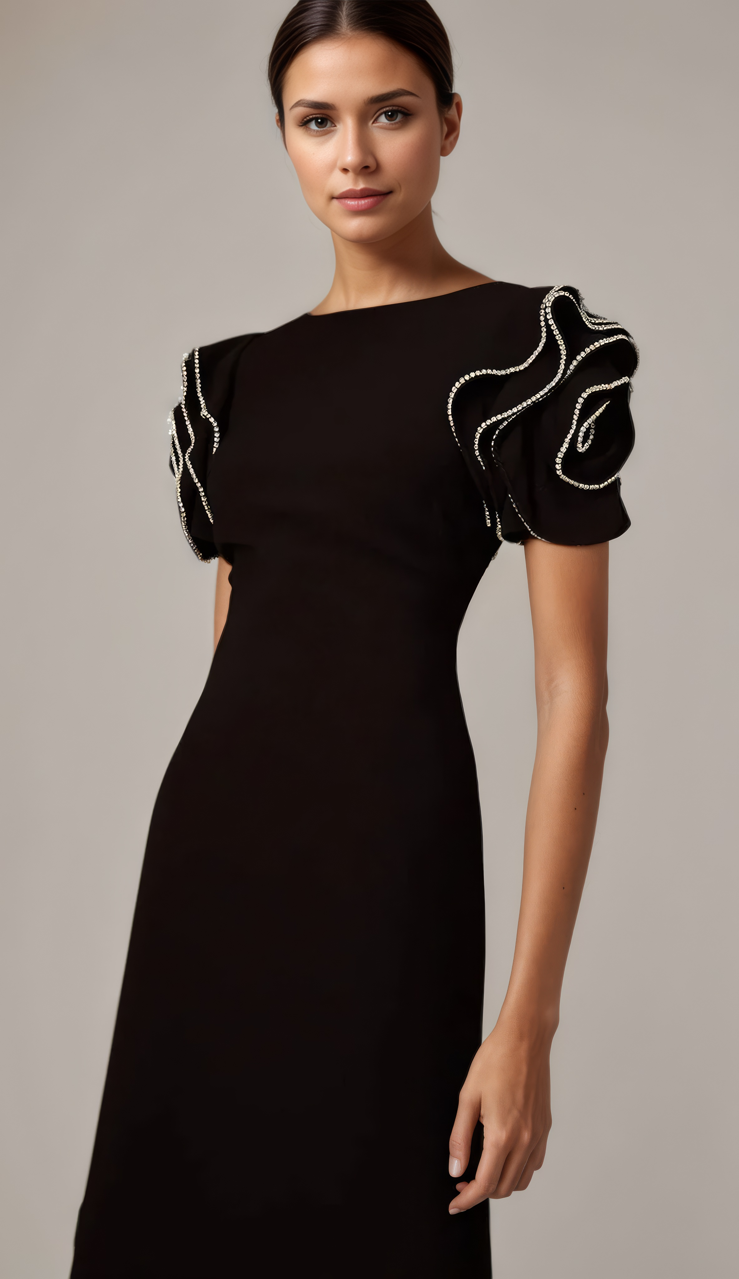 Midnight Bloom Backless Pearl Ruffle Gown