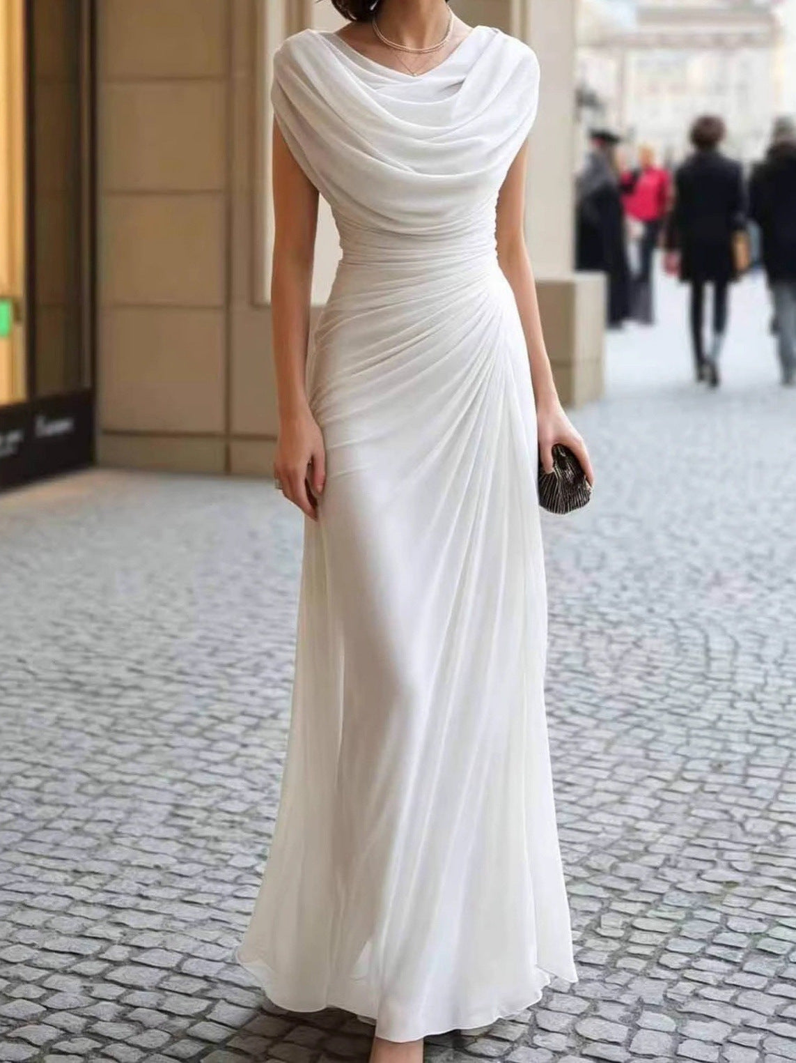 Sidonie Pleated Draped Cowl Neck Maxi Gown - back view