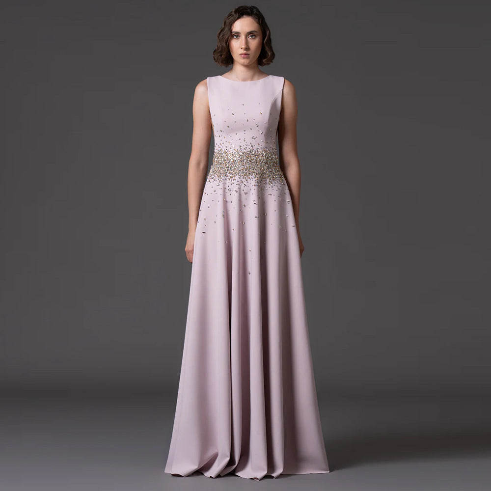 Sleeveless Beaded Crystal Evening Gown — front view