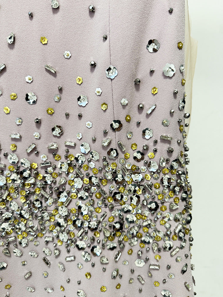 Sleeveless Beaded Crystal Evening Gown — back view