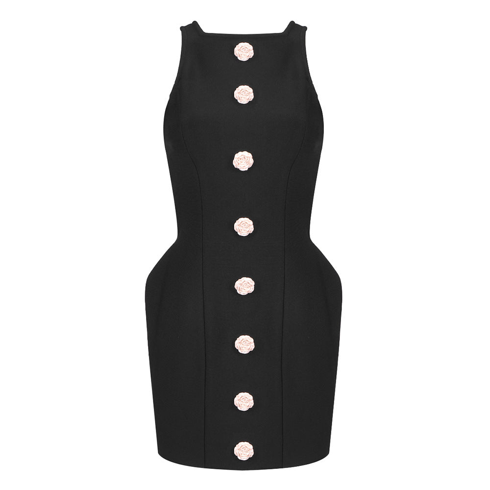Slim Black Hip Wrap Dress European and American Wholesale Sleeveless Resin Buckle Bandage Skirt Small Short Skirt — back view