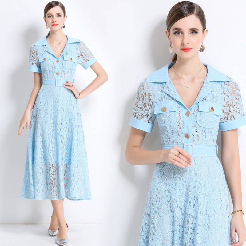 Solange Blue Lace Maxi Dress — model wearing