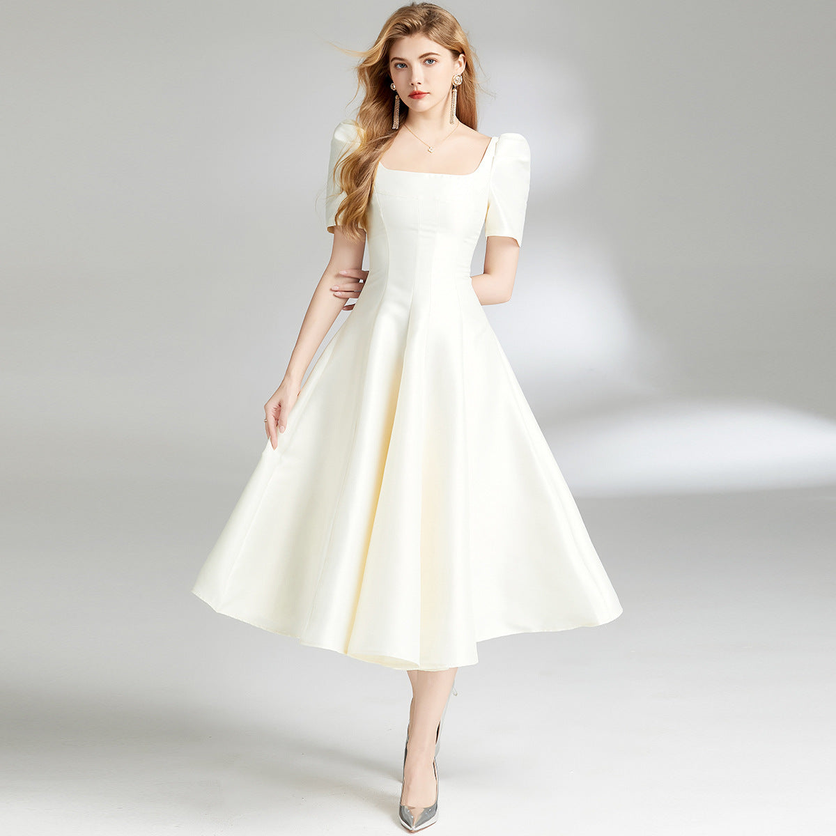 Solange White Bodycon Satin Dress — neckline detail