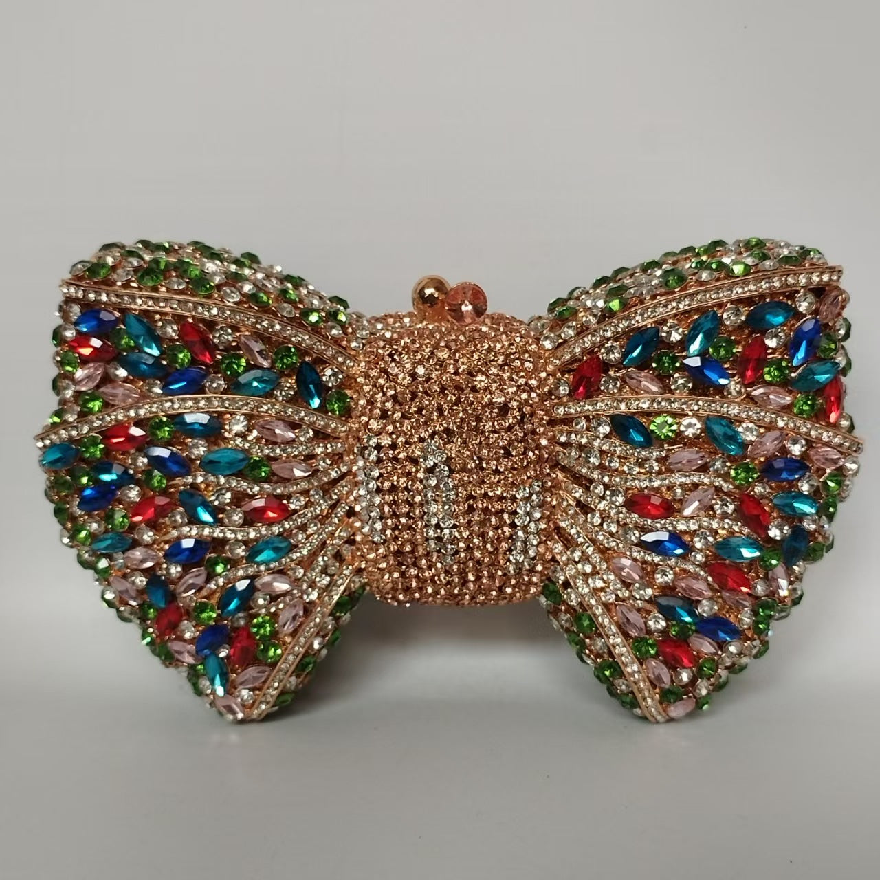 Rhinestone Bow Crystal Wedding Clutch — neckline detail
