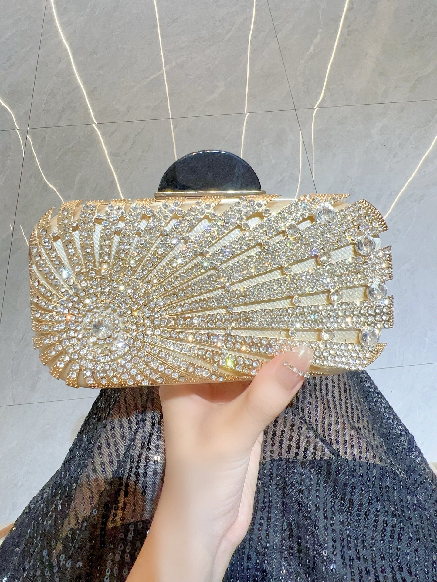 Sunburst Crystal Embellished Box Clutch — front view
