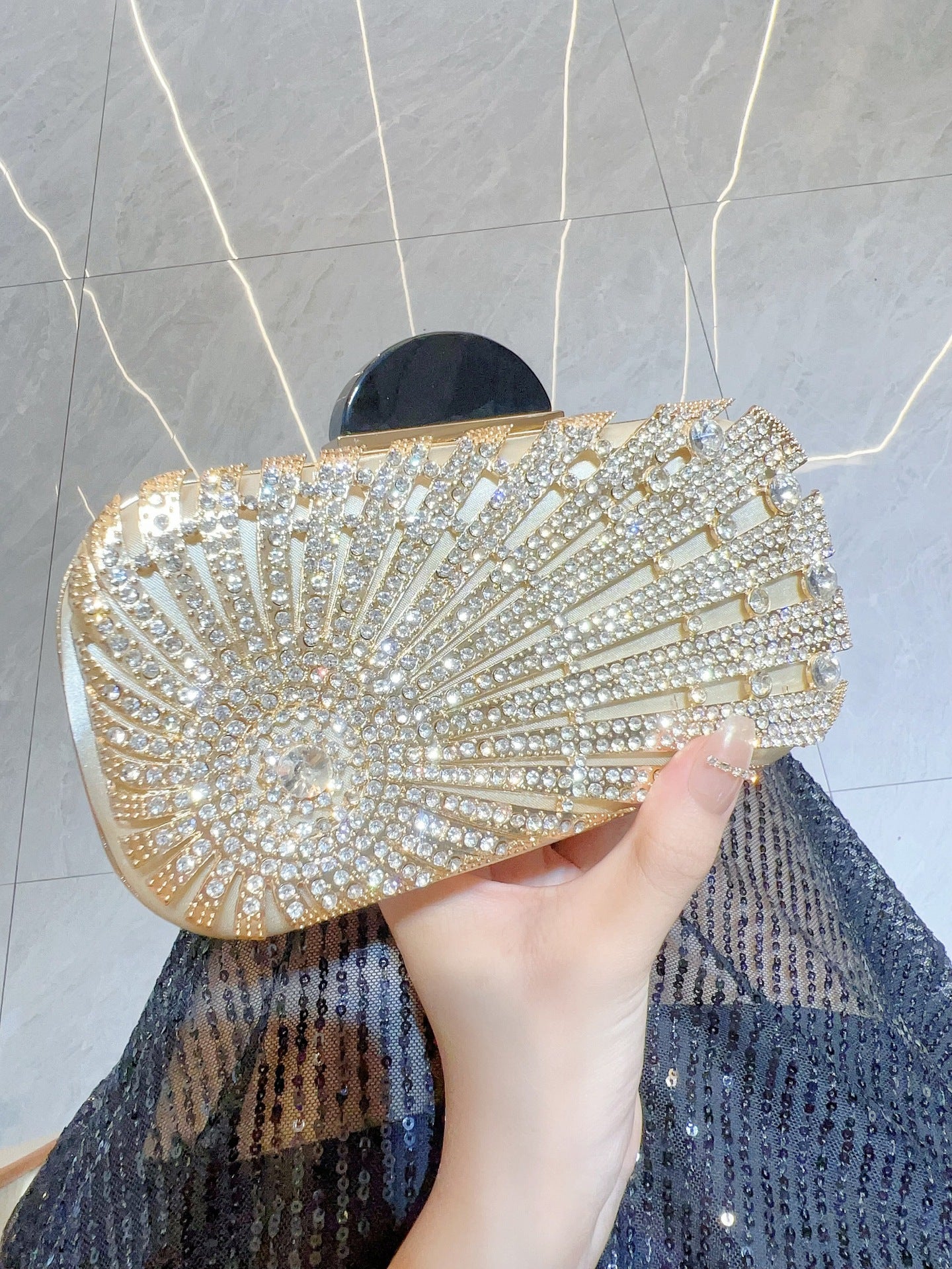 Sunburst Crystal Embellished Box Clutch — full length