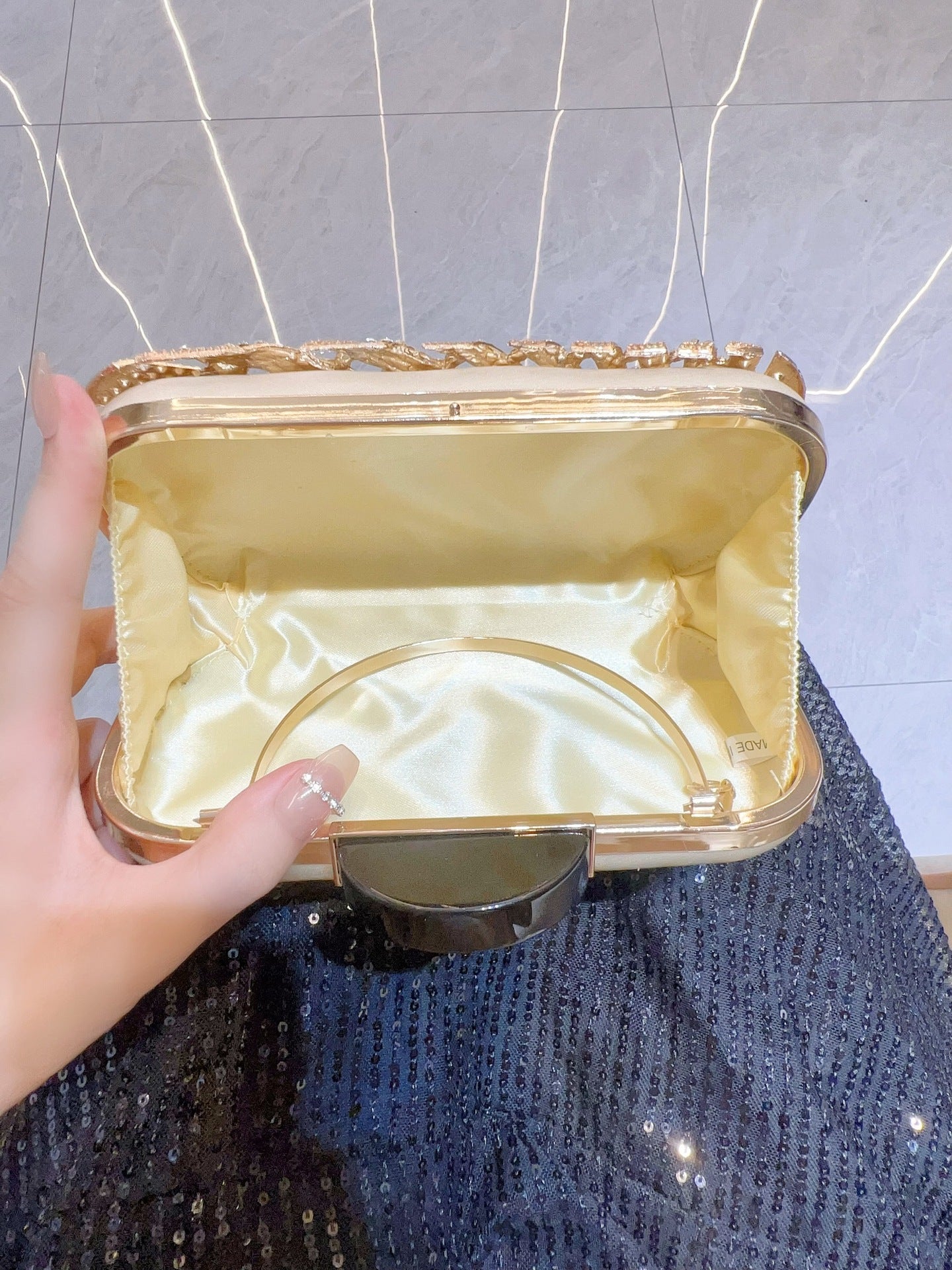 Sunburst Crystal Embellished Box Clutch — styled look