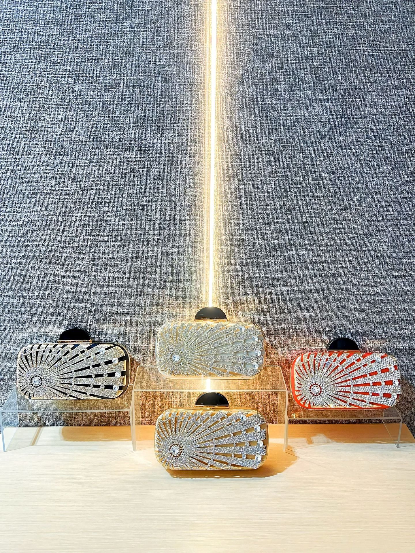 Sunburst Crystal Embellished Box Clutch — fabric and detail