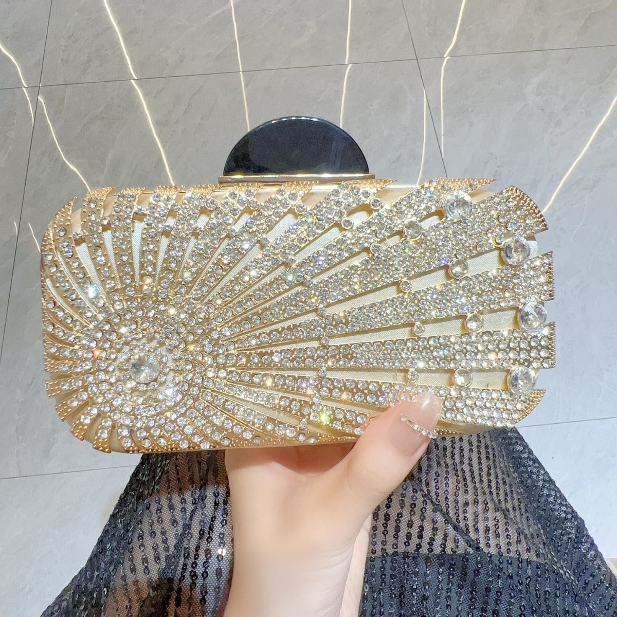 Sunburst Crystal Embellished Box Clutch — side view