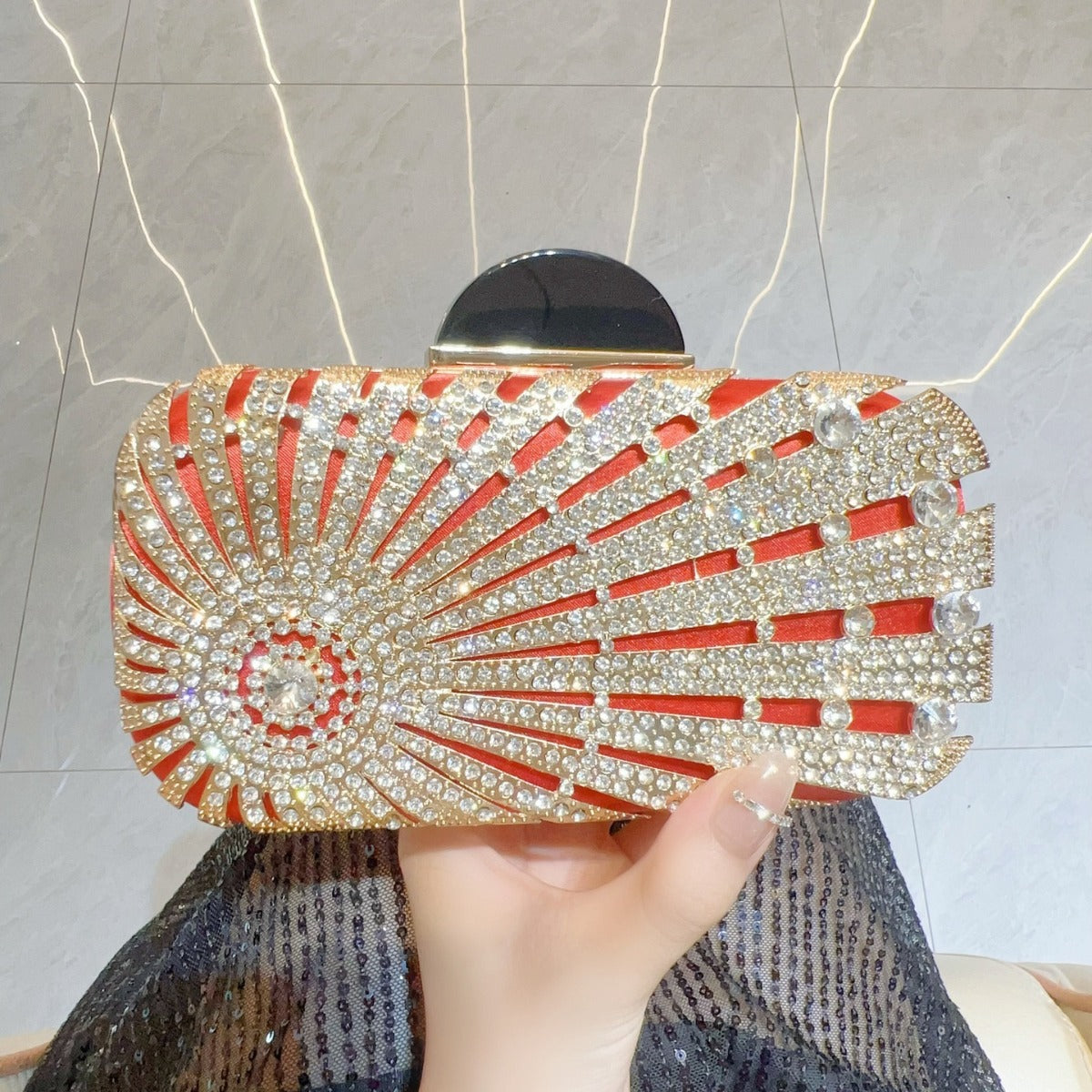 Sunburst Crystal Embellished Box Clutch — close-up detail