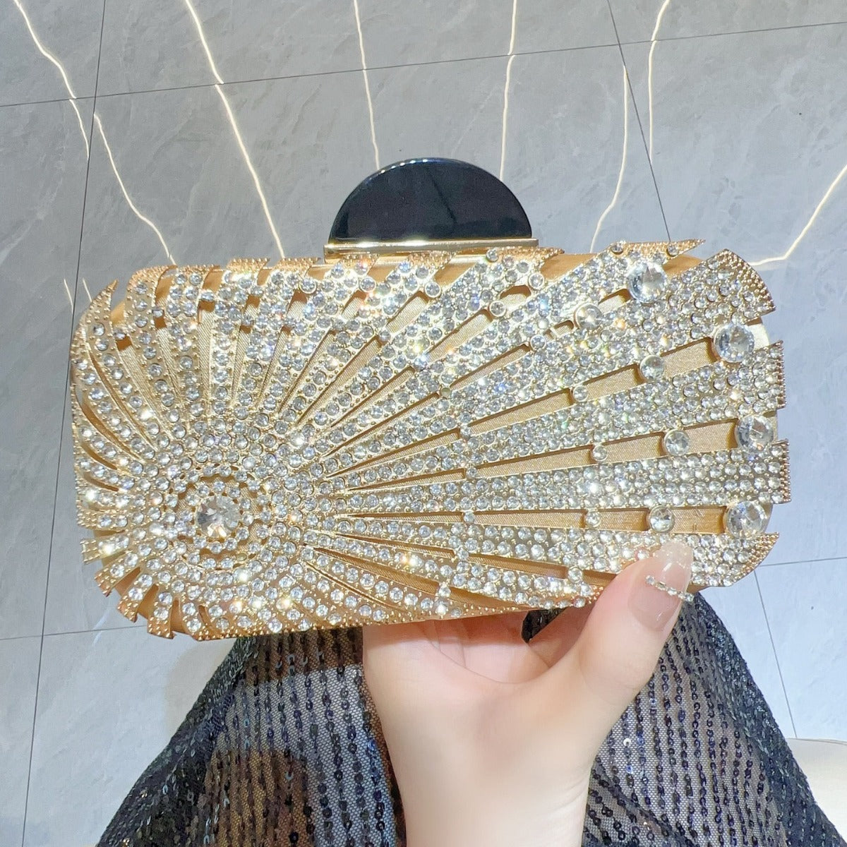 Sunburst Crystal Embellished Box Clutch — model wearing