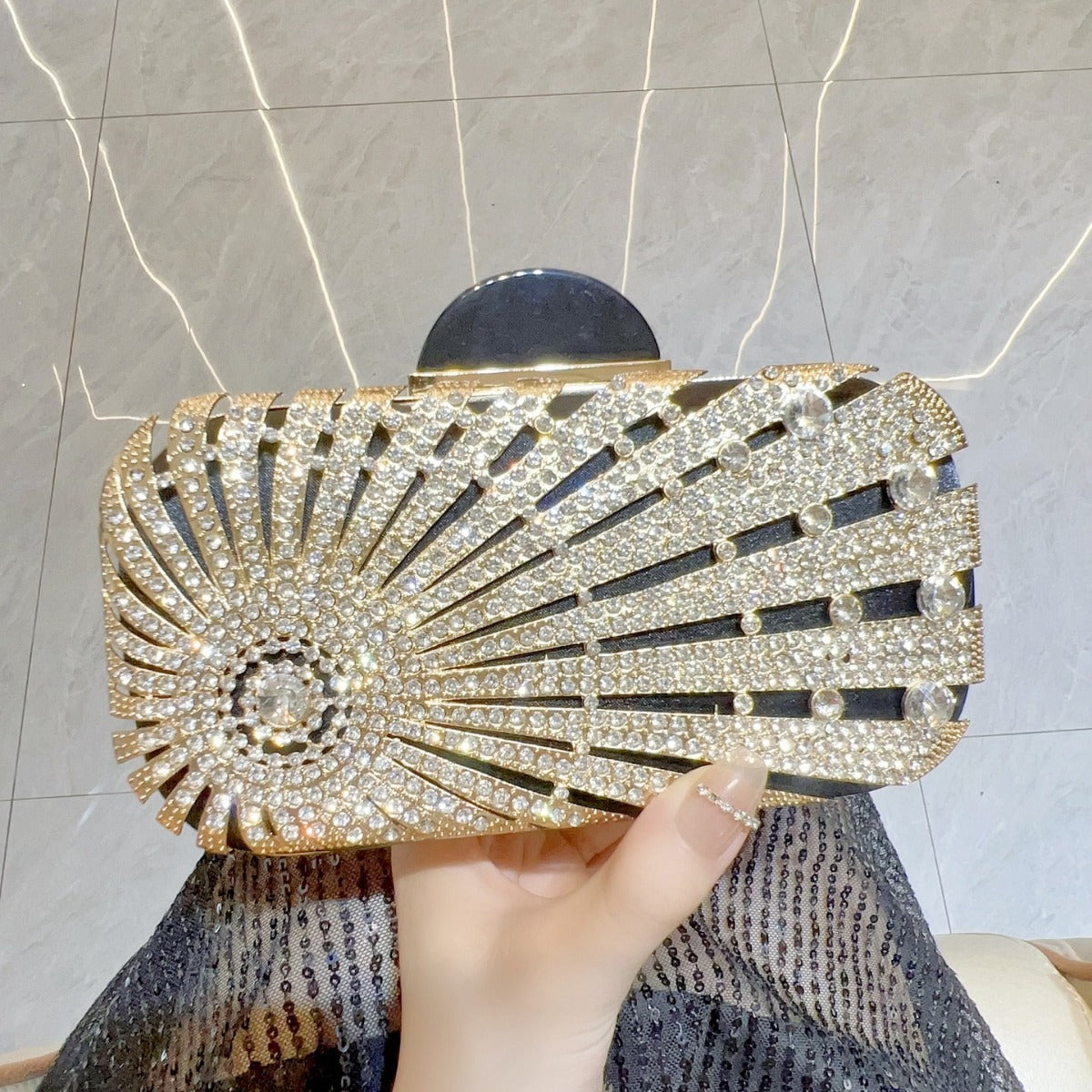 Sunburst Crystal Embellished Box Clutch — runway angle