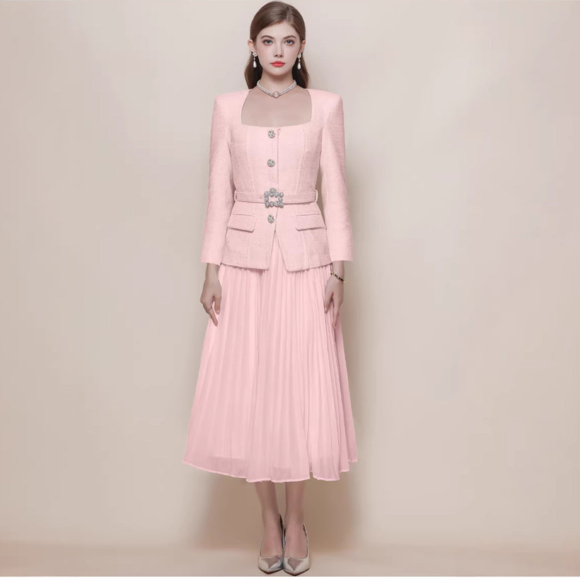 Thalia Apricot Pleated Maxi Dress — full length