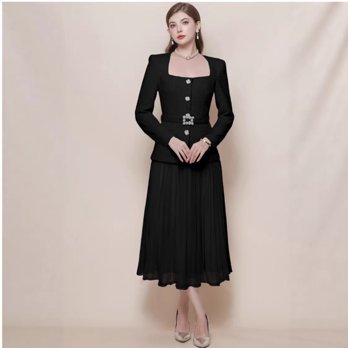 Thalia Apricot Pleated Maxi Dress — styled look