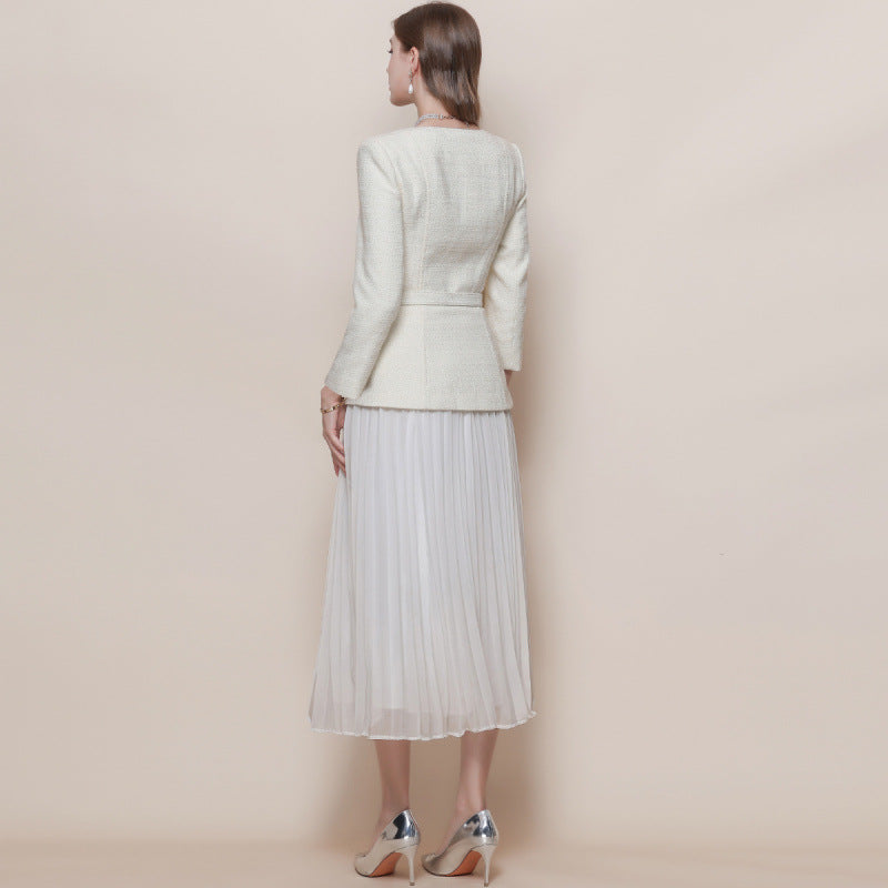 Thalia Apricot Pleated Maxi Dress — fabric and detail
