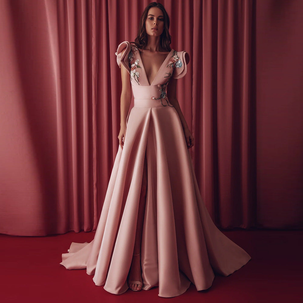 V-Neck Beaded Crystal Trailing Evening Gown — front view