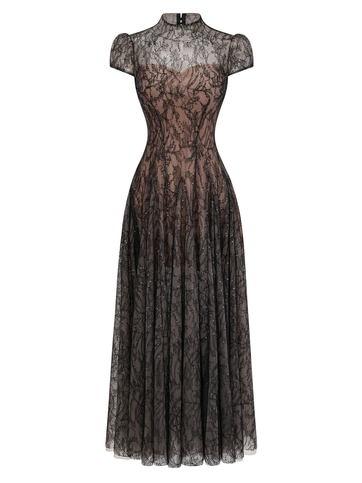 Black sequinned floral lace high-collar ballgown, front view