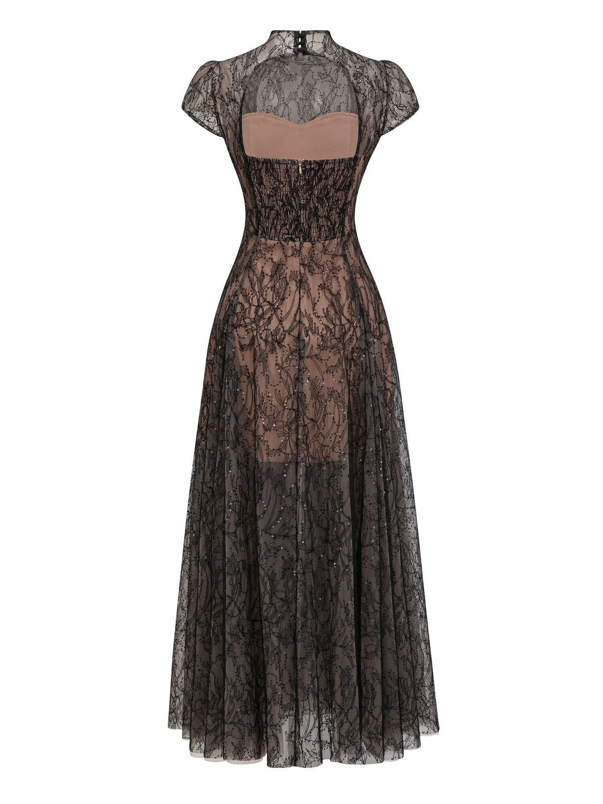 Back of the black lace gown showing the open panel and satin band