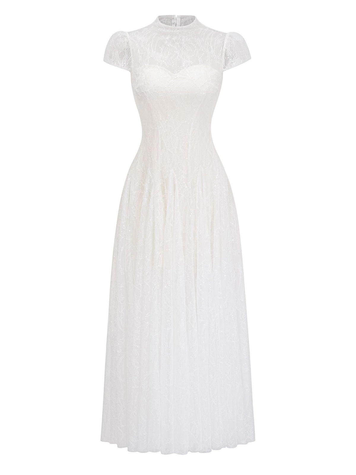 White sequinned floral lace high-collar ballgown, front view