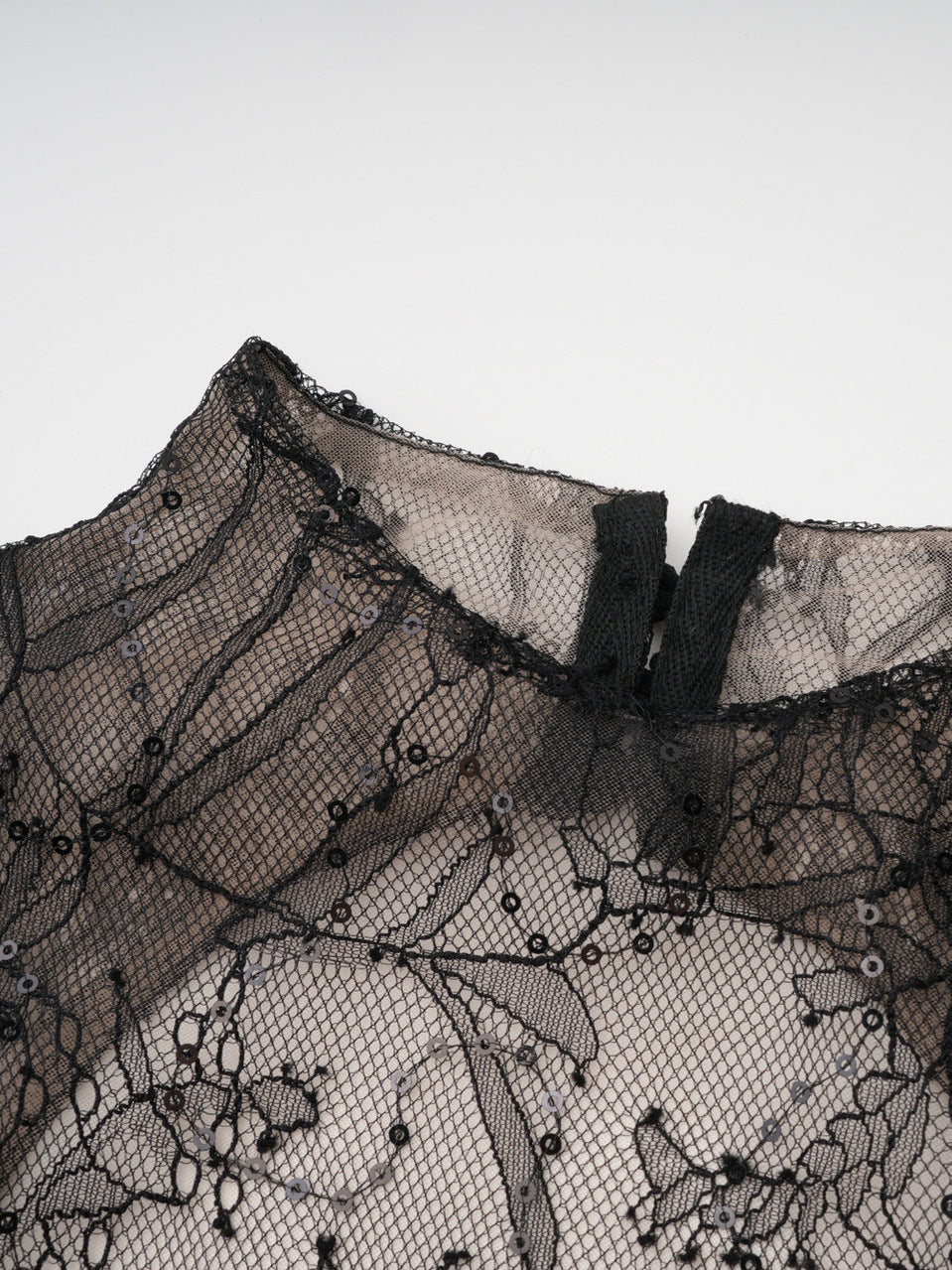 Close-up of the sequinned floral lace and stand collar