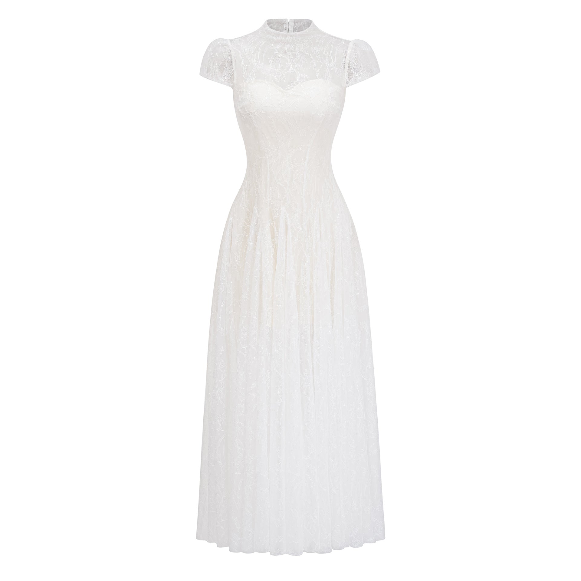 White lace ballgown, full-length view