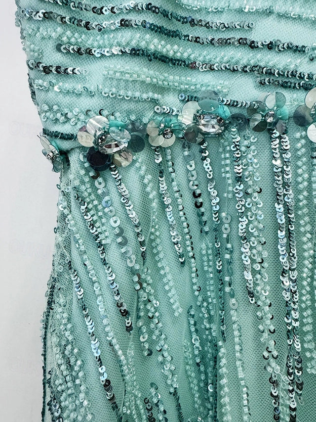 Aqua Beaded Strappy Fringe Evening Gown