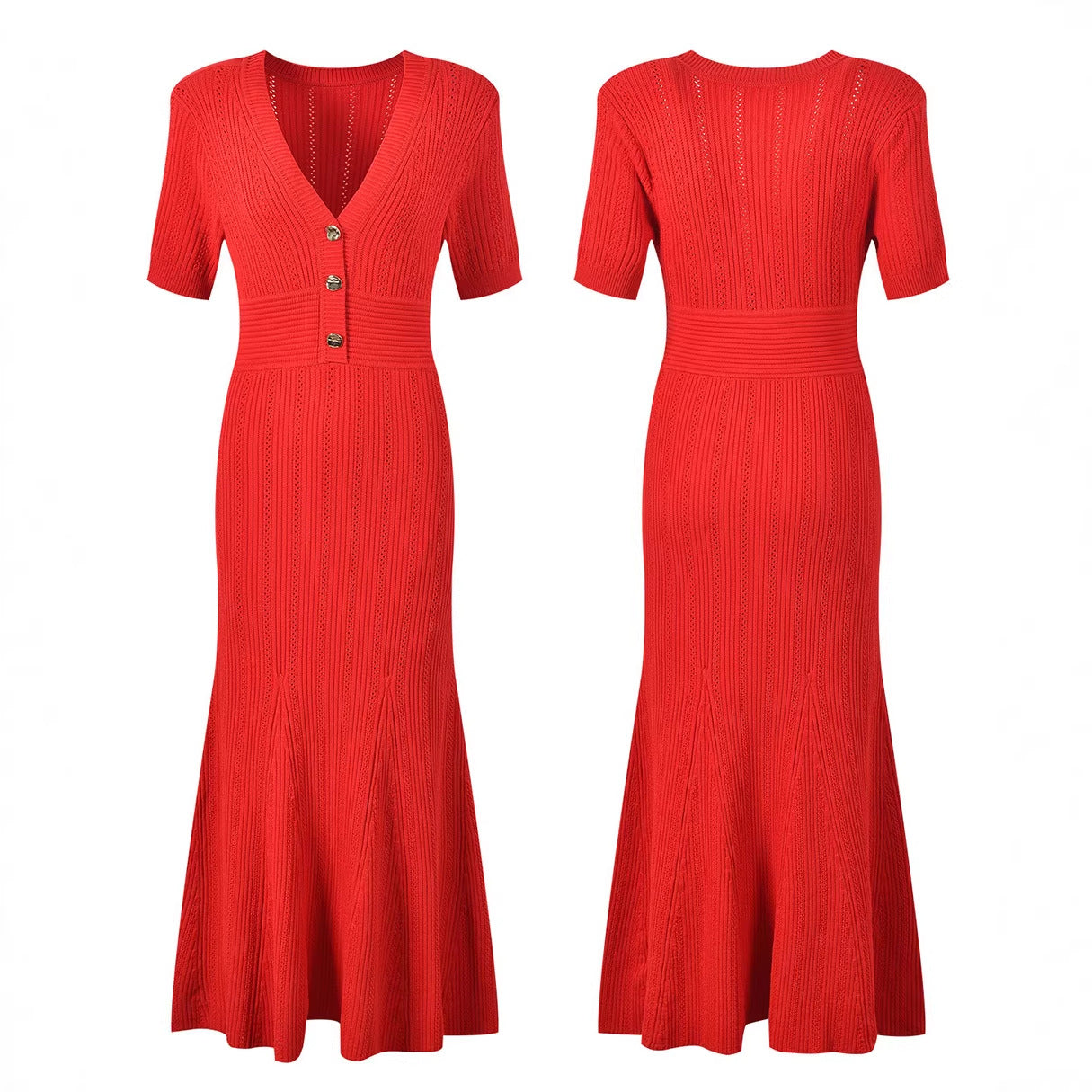 Yolande Gold-Button Pointelle Knit Fishtail Maxi Dress - additional view 4