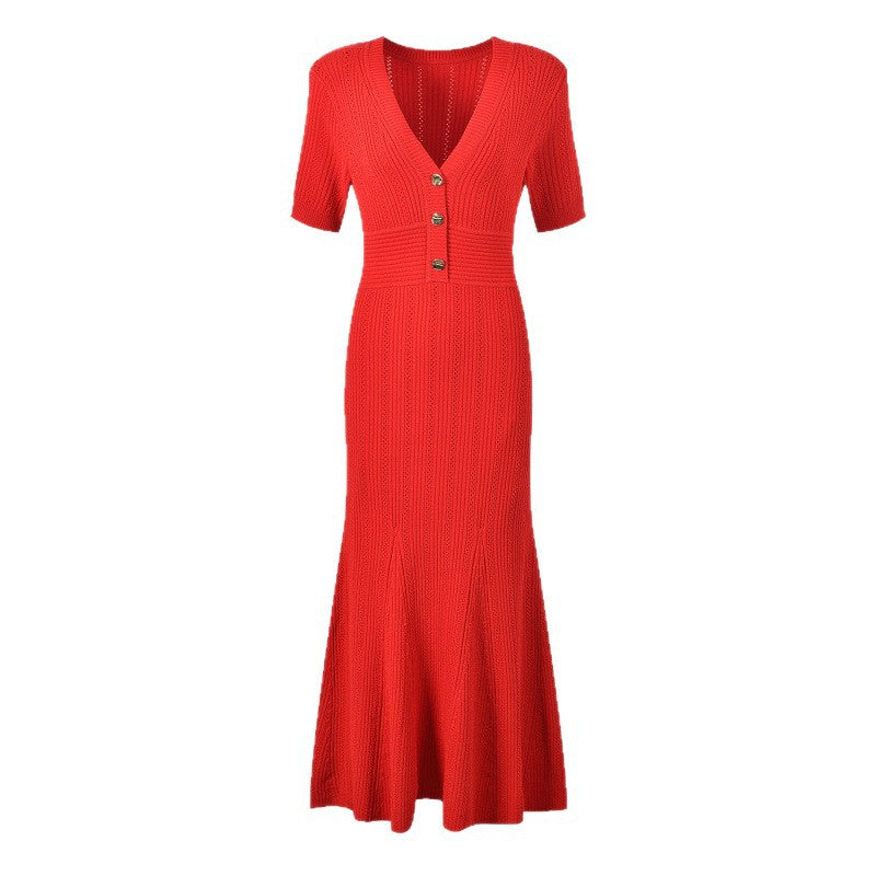 Yolande Gold-Button Pointelle Knit Fishtail Maxi Dress - additional view 5