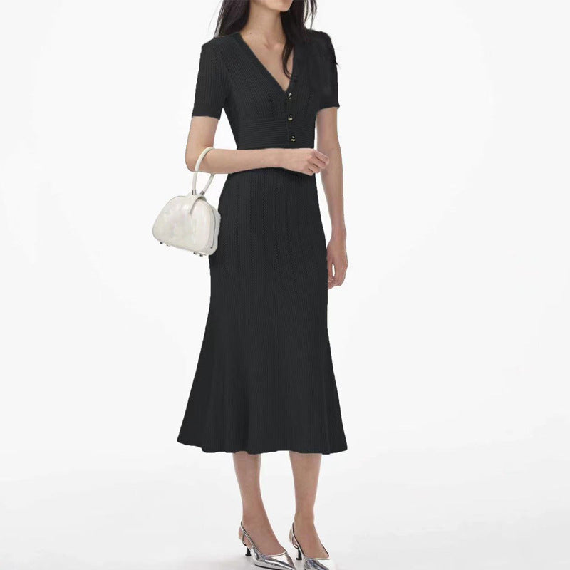 Yolande Gold-Button Pointelle Knit Fishtail Maxi Dress - detail view