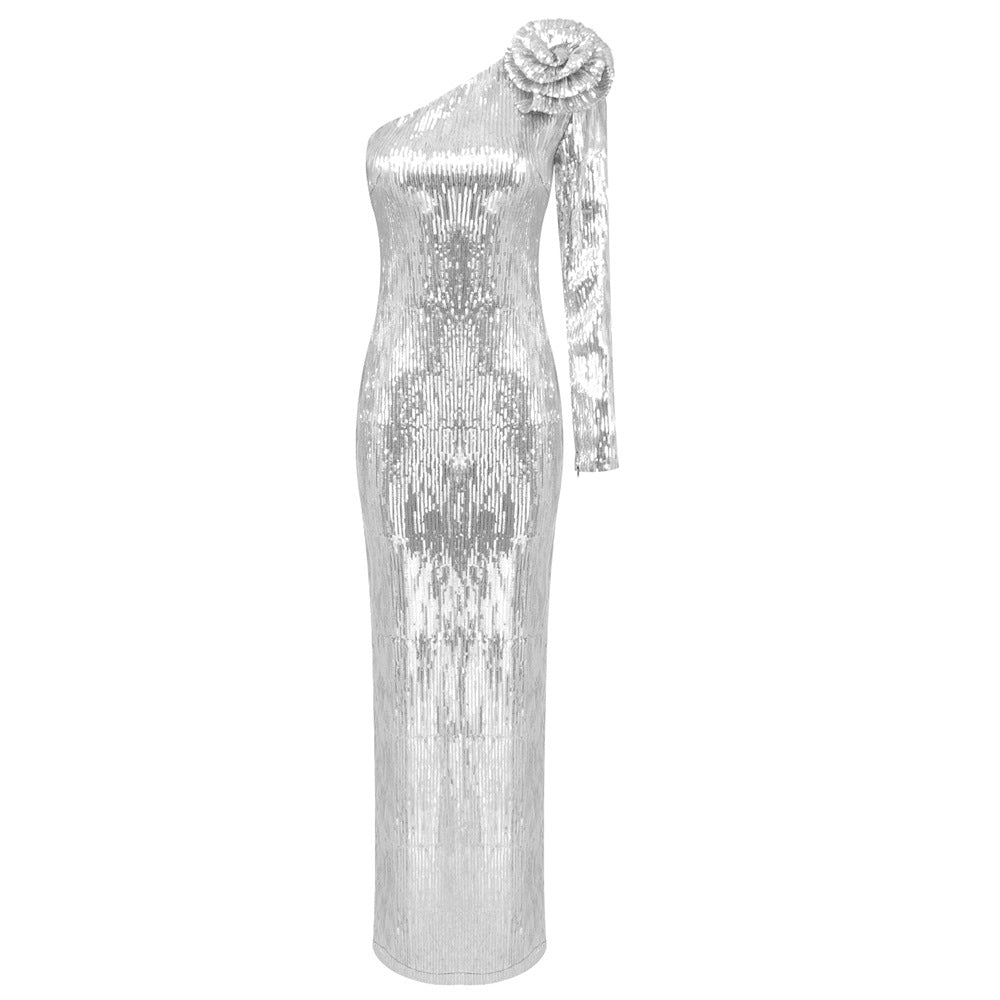 Silver sequin one-shoulder rosette gown shown flat