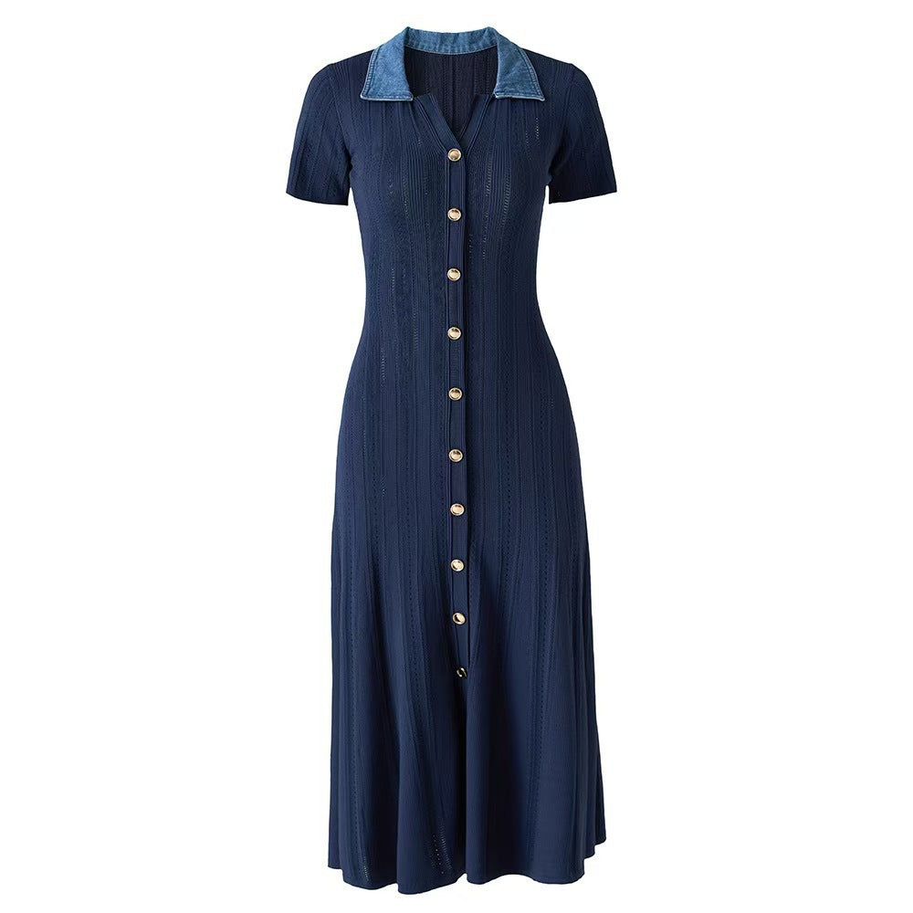 Zephyrine Denim-Collar Ribbed Knit Button-Front Maxi Dress - additional view 10