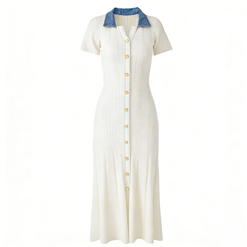 Zephyrine Denim-Collar Ribbed Knit Button-Front Maxi Dress - additional view 11
