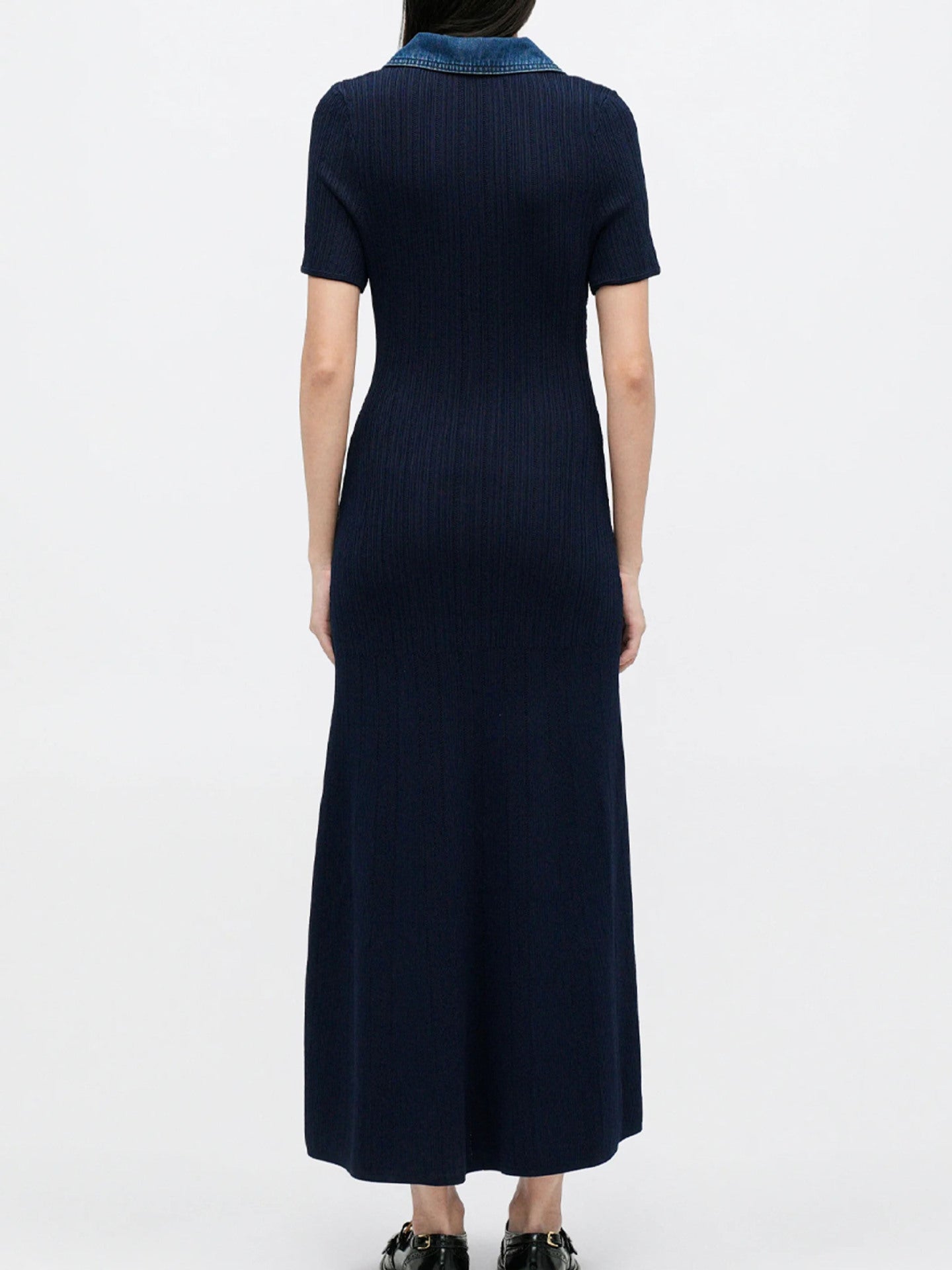 Zephyrine Denim-Collar Ribbed Knit Button-Front Maxi Dress - additional view 4