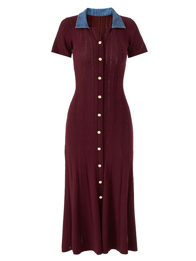 Zephyrine Denim-Collar Ribbed Knit Button-Front Maxi Dress - additional view 5