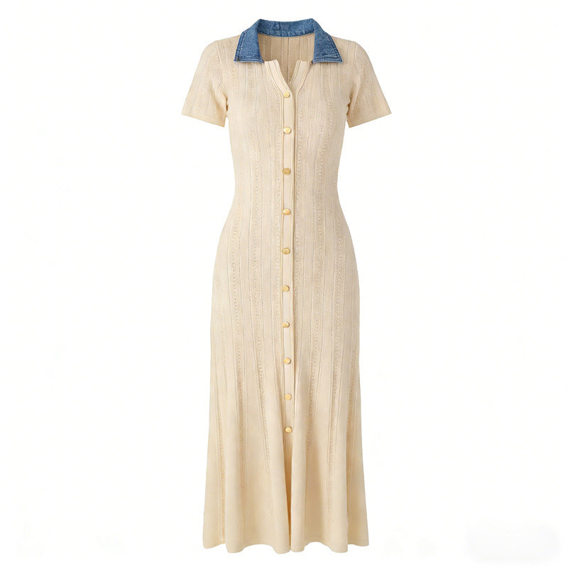 Zephyrine Denim-Collar Ribbed Knit Button-Front Maxi Dress - additional view 6