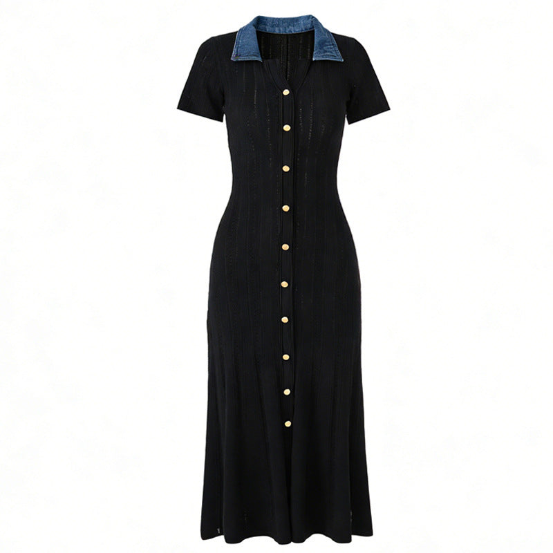 Zephyrine Denim-Collar Ribbed Knit Button-Front Maxi Dress - additional view 7