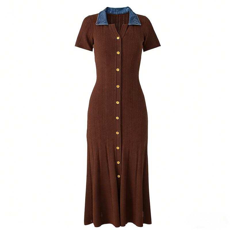 Zephyrine Denim-Collar Ribbed Knit Button-Front Maxi Dress - additional view 8
